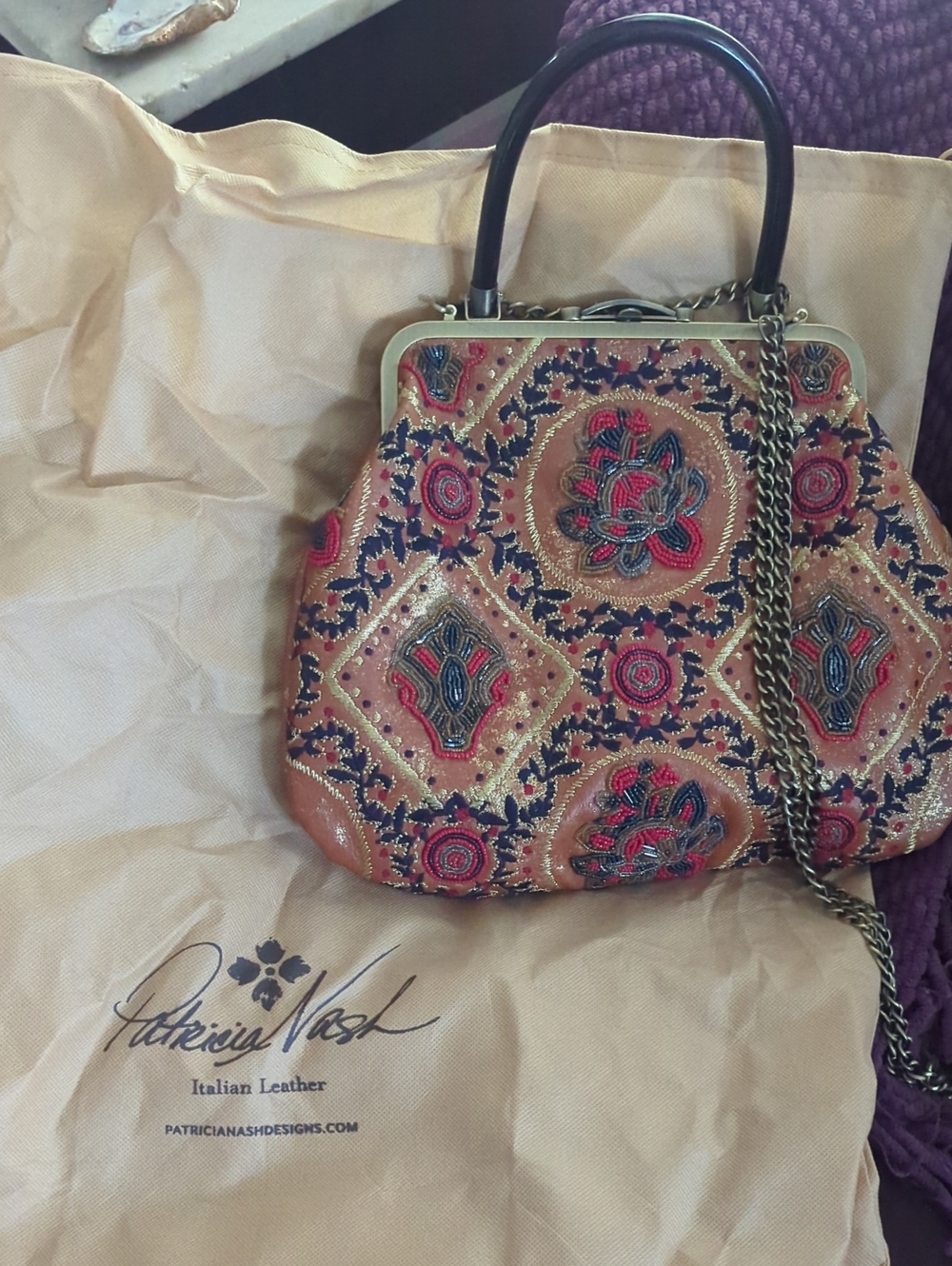 Patricia Nash Tan Embroidered Satchel with Red & Navy Accents
